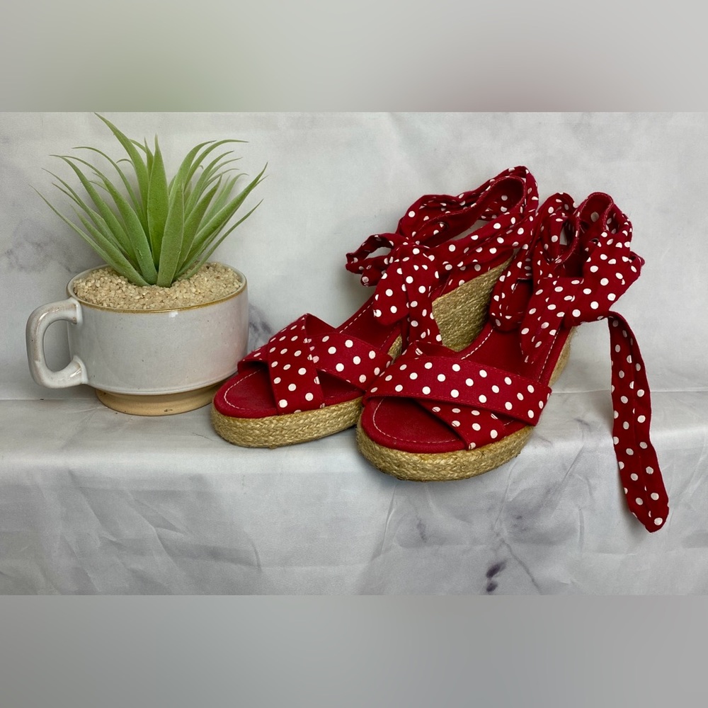 Montego Bay Club Strappy Ties Polka Dot Wedge Sandals size 7